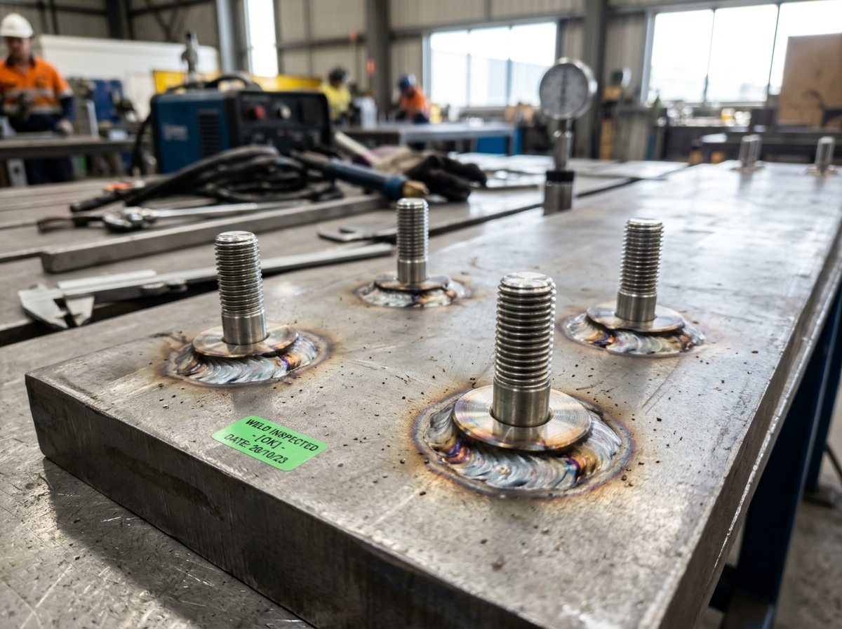 Precision arc welded studs on structural steel plate in Houston factory